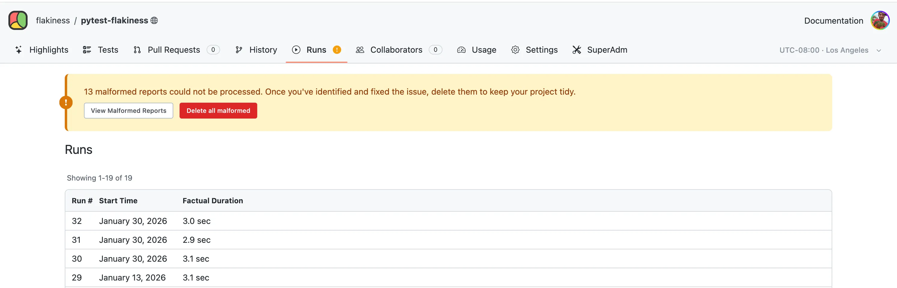 Malformed runs alert on the Runs page